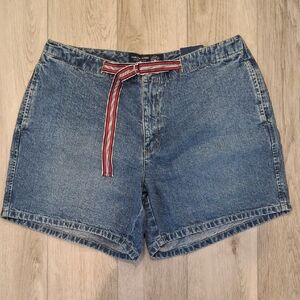 Vintage Blue Denim Shorts with Striped Red Belt